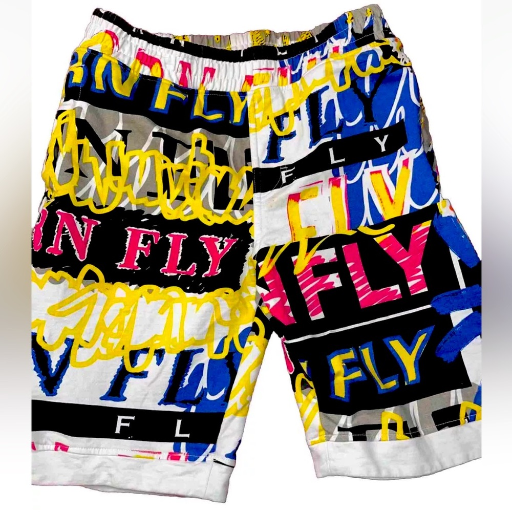 Born Fly SHORTS YOUTH L COLORFUL Cotton Cloth Stretch Waist  9.5”inseam spellout